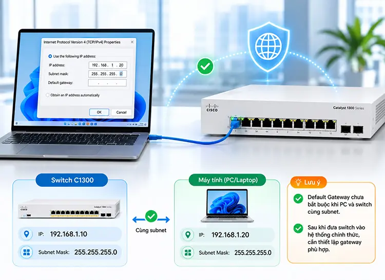 Cấu hình IP máy tính cùng subnet