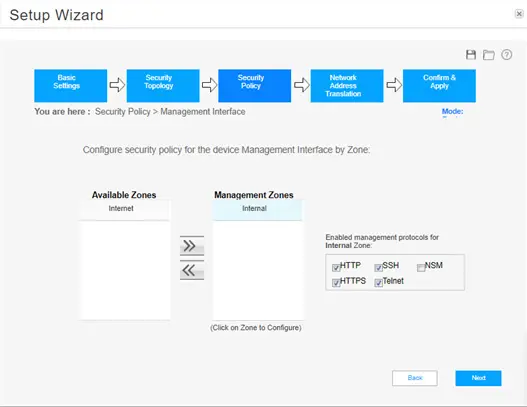 Cấu hình Management Zone là Internal Zone. Cho phép các giao thức có thể sử dụng như Ping, HTTPS, HTTP, SSH. Click Next.