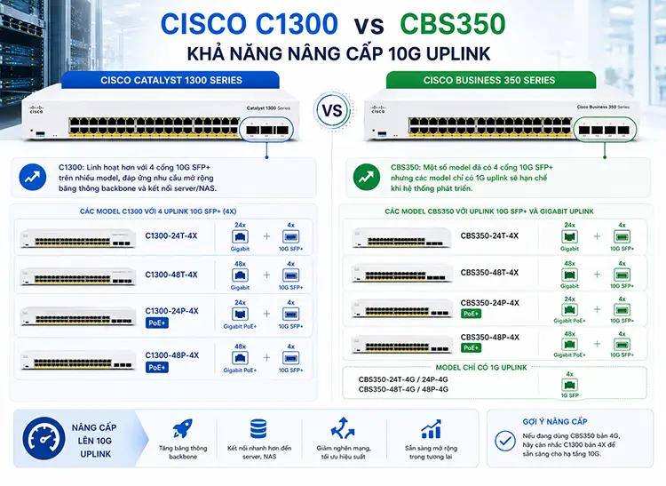 Cisco C1300 vs CBS350 khả năng nâng cấp 10G uplink