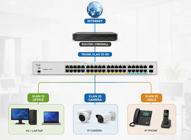 Mô hình VLAN Cisco C1200 thực tế