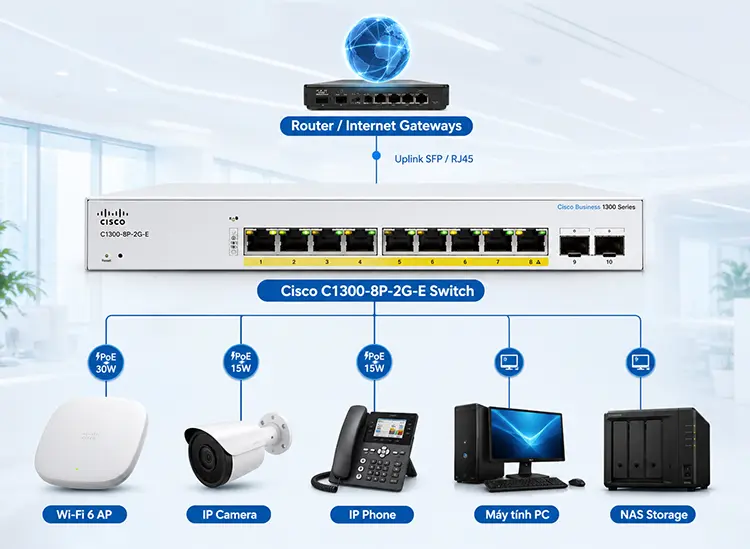 Mô hình triển khai Switch Cisco C1300-8P-2G-E