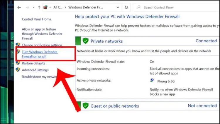 Chọn mục Turn Windows Defender Firewall on or off