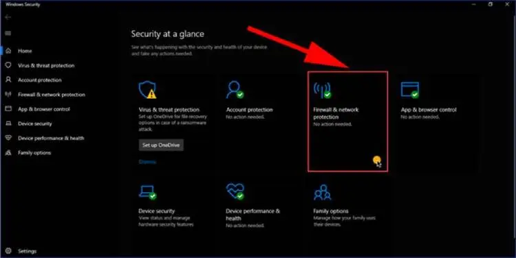 Chọn Firewall & network protection để vô tường lửa