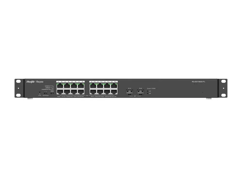 Mặt trước switch Ruijie RG-ES118GS-P-L với nhóm cổng RJ45 Gigabit và hai khe SFP 1000Base-X