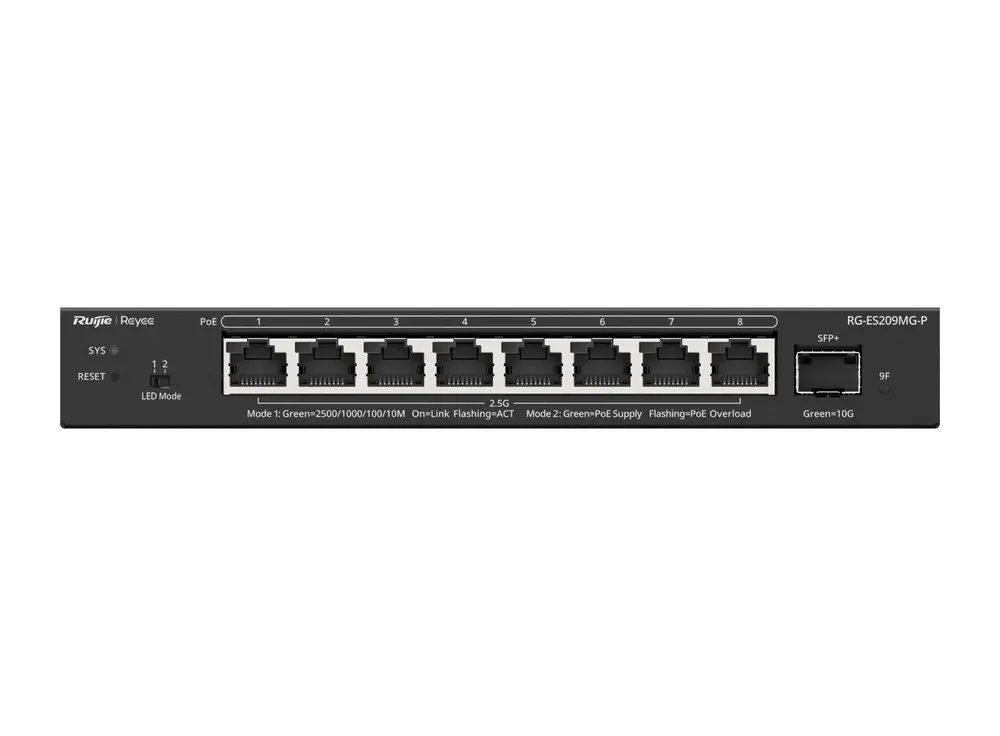Mặt trước switch Ruijie RG-ES209MG-P gồm 8 cổng RJ45 2.5G và một khe SFP+ 10G