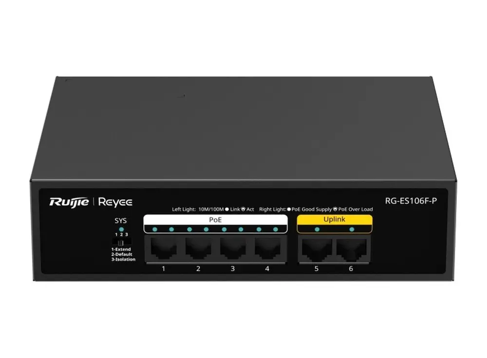 Mặt trước switch PoE Ruijie RG-ES106F-P 6 cổng 10/100 Mbps, 4 cổng PoE và 2 cổng uplink