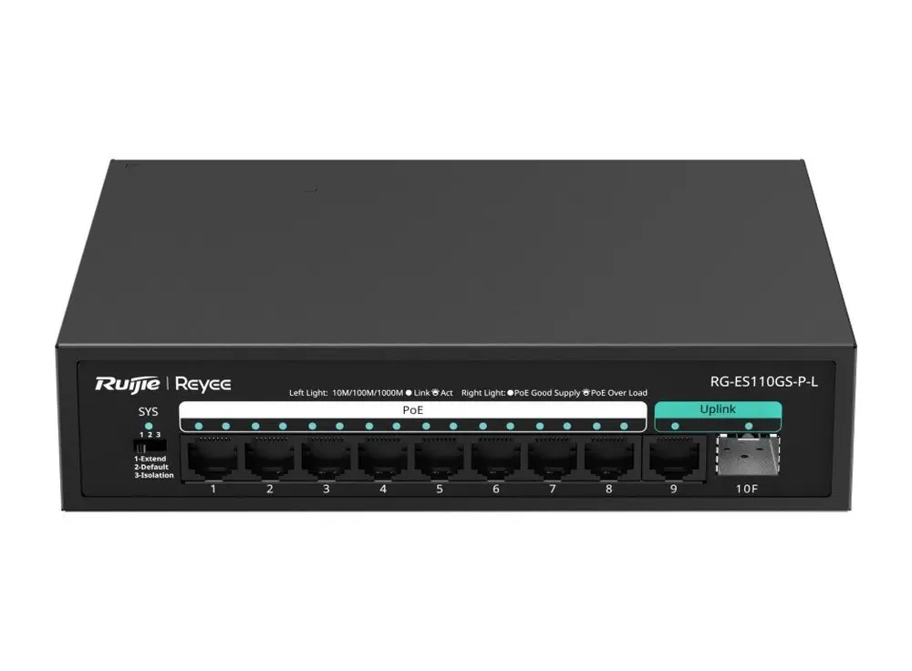 Mặt trước switch PoE không quản lý Ruijie RG-ES110GS-P-L 9 cổng Gigabit và 1 cổng SFP