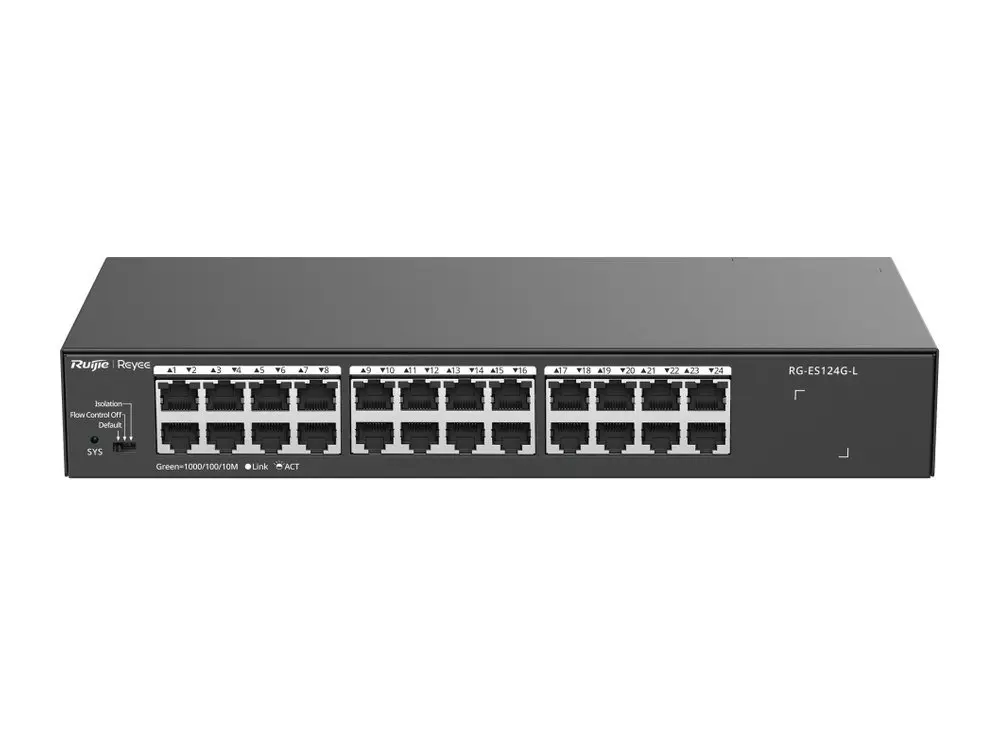Mặt trước switch Ruijie RG-ES124G-L 24 cổng Gigabit không PoE với nút chuyển chế độ làm việc