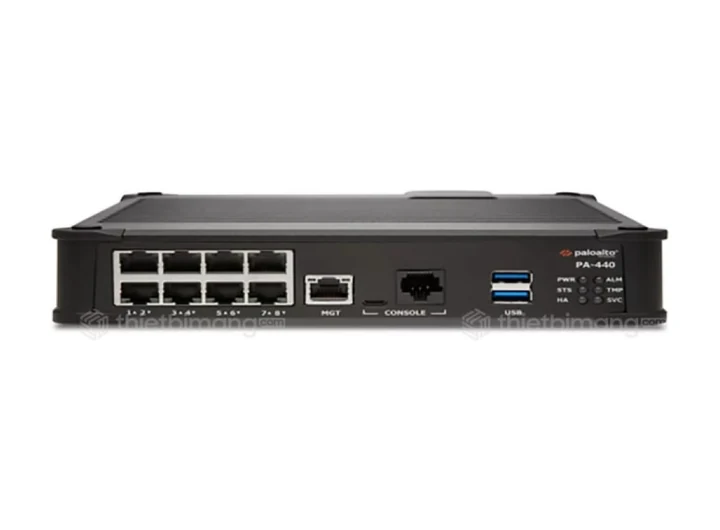 Palo Alto PA-440 vỏ đen dạng để bàn, mặt trước có 8 cổng RJ45, cổng MGT, console và 2 cổng USB