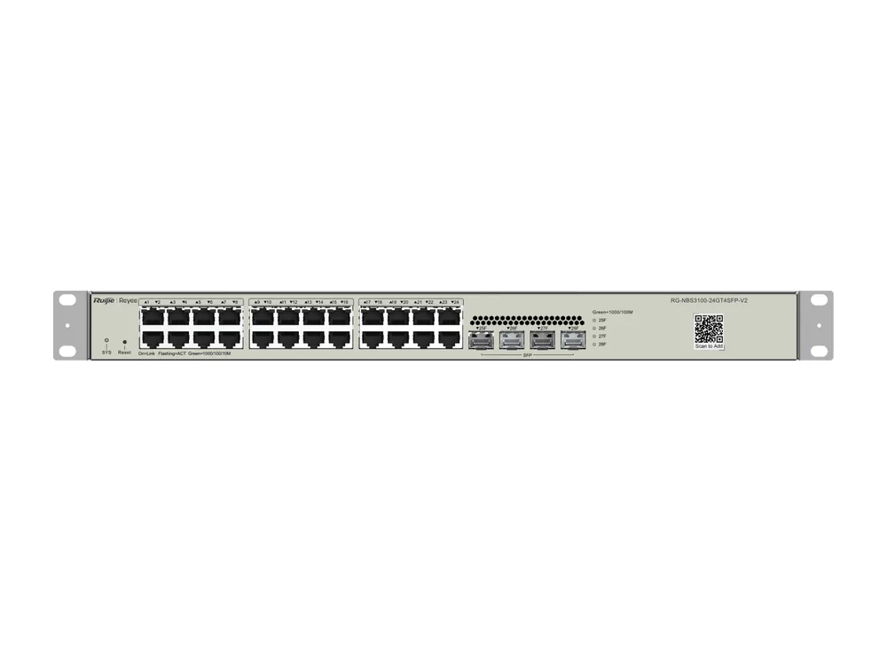 Switch Ruijie RG-NBS3100-24GT4SFP-V2 với 24 cổng Gigabit và 4 cổng SFP, ảnh mặt trước của hãng