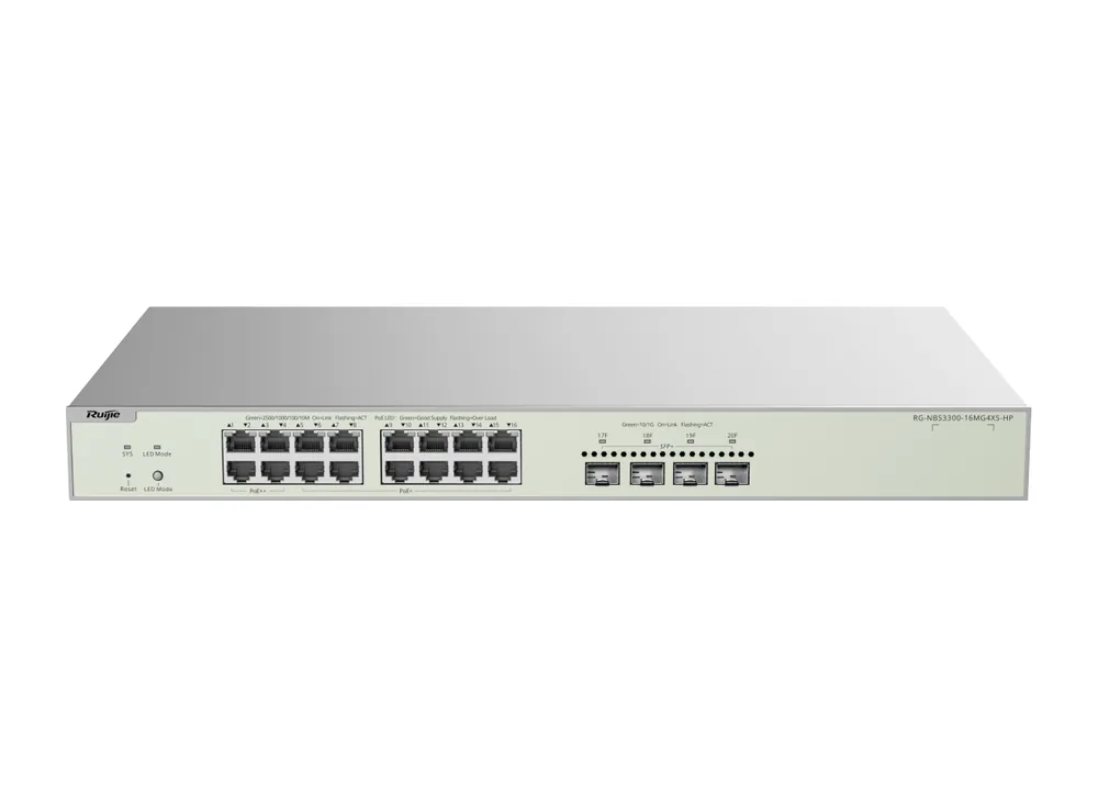 Switch Ruijie RG-NBS3300-16MG4XS-HP với 16 cổng 2,5G và 4 khe SFP+, nhìn từ phía trước