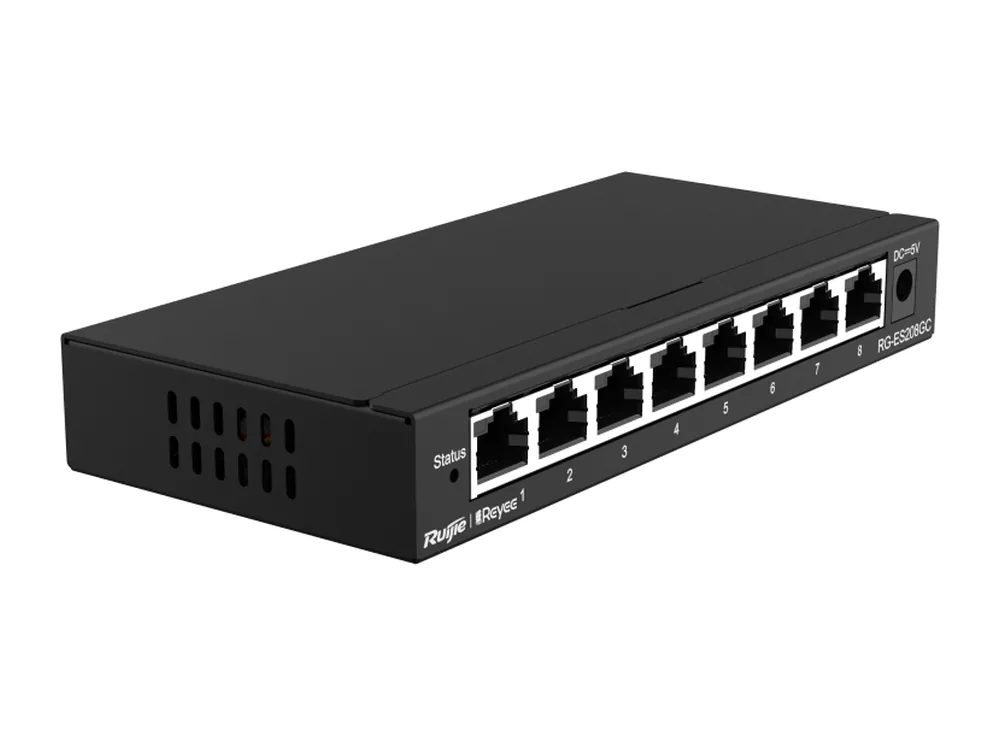 Switch Ruijie RG-ES208GC 8 cổng Gigabit nhìn chéo từ bên trái, ảnh hãng