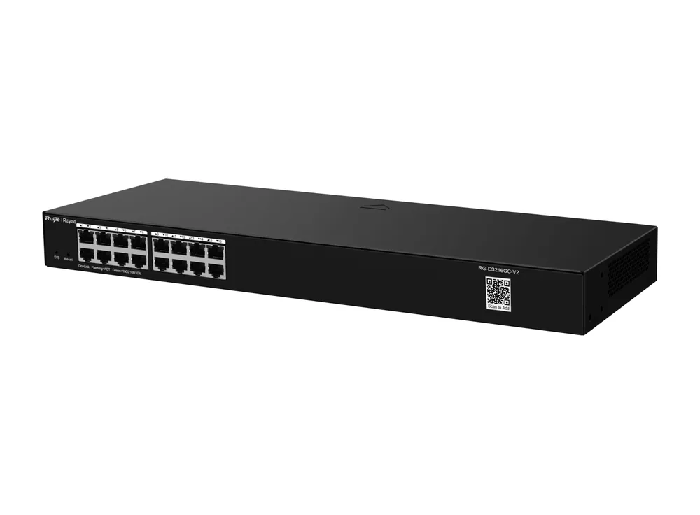 RG-ES216GC-V2 nhìn chéo từ bên trái, ảnh hãng Ruijie