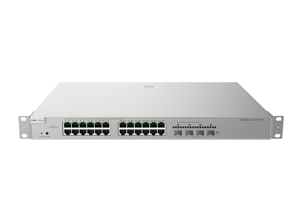 Switch PoE Layer 3 Ruijie RG-NBS5200-24GT4XS-P, ảnh mặt trước của hãng