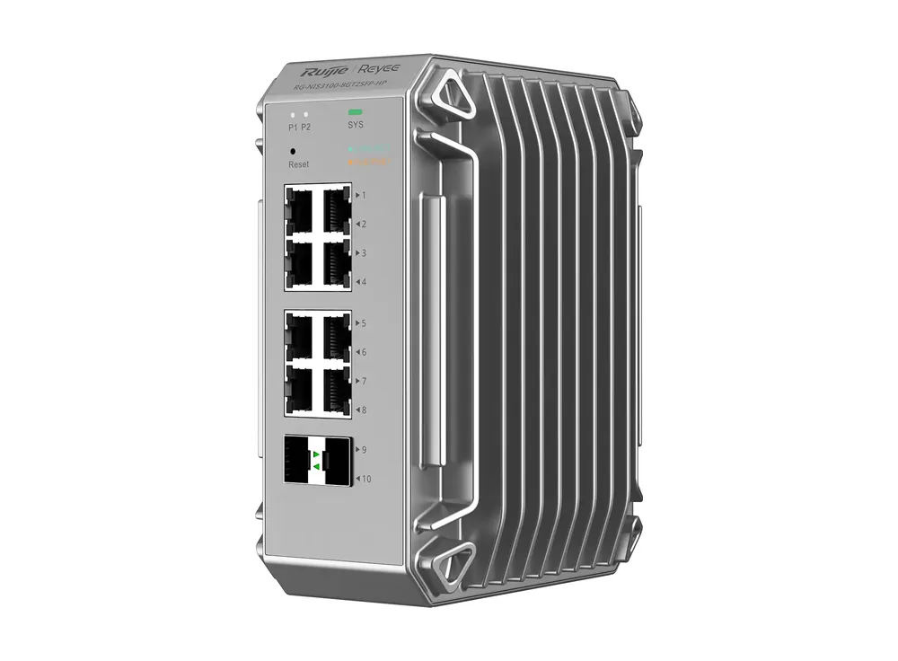 Ruijie RG-NIS3100-8GT2SFP-HP, switch công nghiệp 8 cổng PoE+, ảnh hãng nhìn chéo phía trước