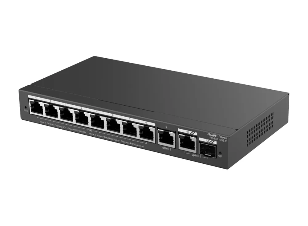 RG-ES210GS-P nhìn chéo từ bên trái, ảnh hãng Ruijie