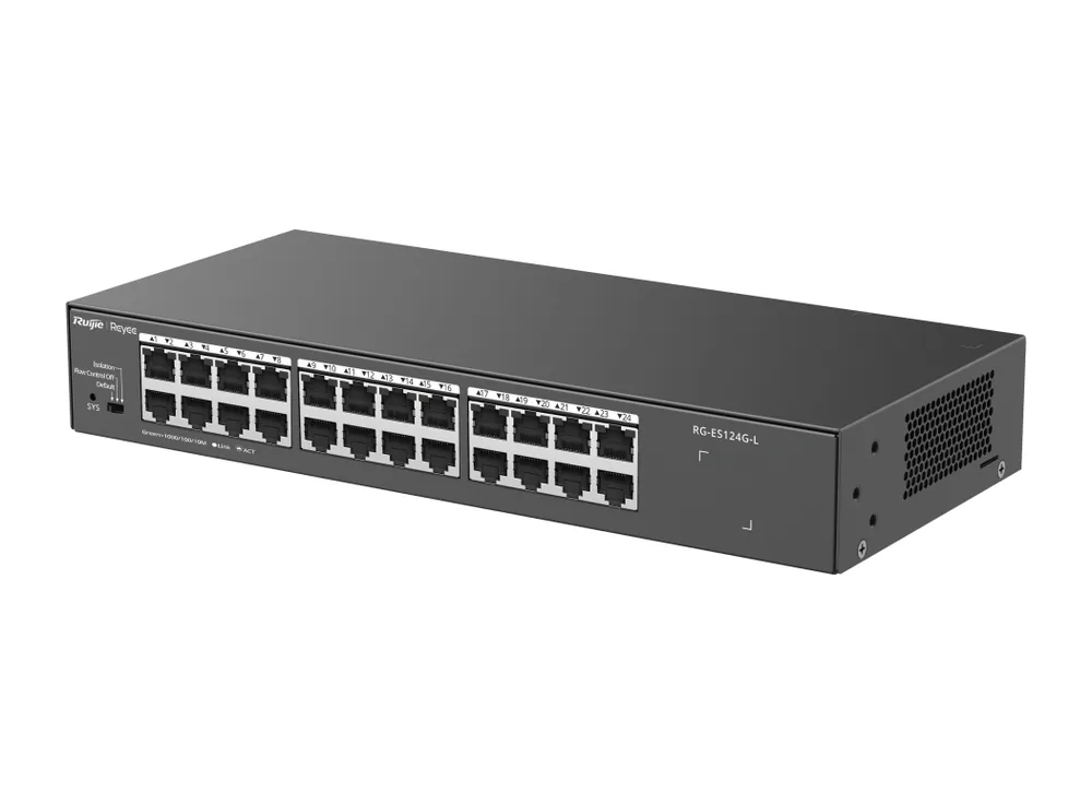 Switch Ruijie RG-ES124G-L 24 cổng Gigabit, ảnh hãng nhìn chéo bên trái