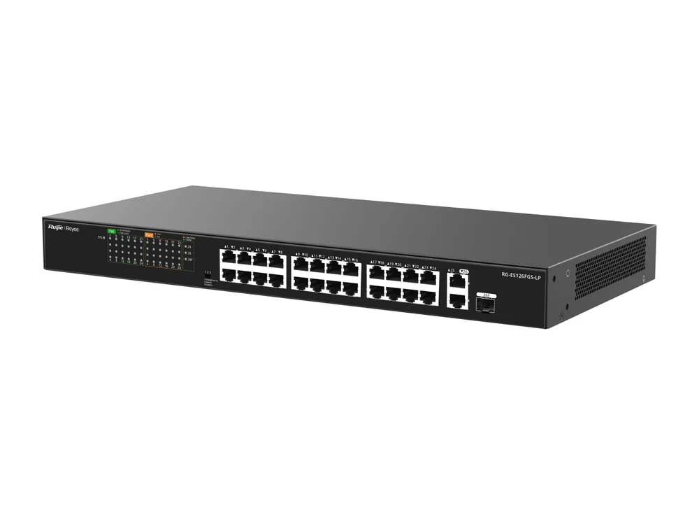 Switch PoE Ruijie RG-ES126FGS-LP 24 cổng 10/100 PoE và 2 cổng Gigabit, ảnh hãng nhìn chéo